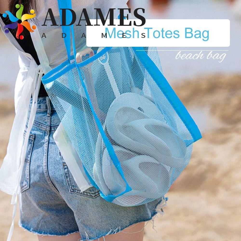 ADAMES沙灘手提袋,夏天純色網眼肩包,時尚透明的游泳大容量鏤空手提包旅行