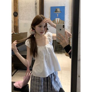 🔵ViVi SHOP🔵 蕾絲上衣 蕾絲小背心 無袖上衣 係帶泡泡短袖 花邊蕾絲背心小衫方領係帶背心飛袖上衣