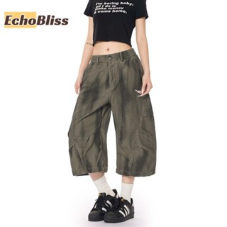 EchoBliss 男士牛仔短褲 美式復古褶皺水洗做舊半鬆緊褲子