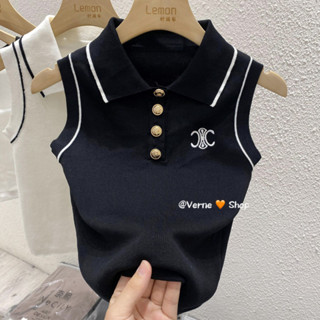 [VERNE FF]短版背心 吊帶針織上衣 撞色Polo領 刺繡針織背心 無袖上衣 夏季修身背心 吊帶背心 撞色背心
