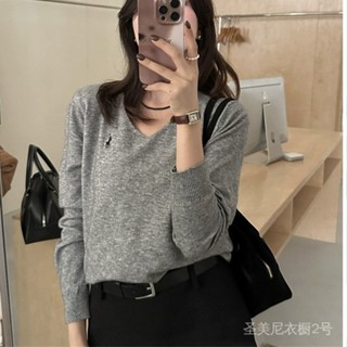 小馬刺繡V領長袖針織衫女秋季韓版寬鬆百搭套頭毛衣打底衫上衣潮 AHNG