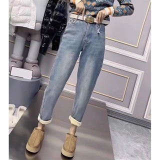 大碼女裝2024直筒高腰彈力哈倫牛仔褲胖妹妹mm冬季加絨顯瘦老爹褲
