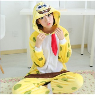 臺灣發貨- Kigurumi 睡衣成人女睡衣冬季保暖連體衣成人女士連體衣 黃色 海綿寶寶睡衣