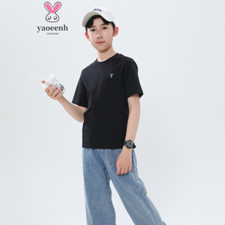 【YAOEENH】140-180CM 中大童寬鬆休閒圓領純棉短袖上衣 夏季青少年簡約休閒短袖T恤 現貨 快速出貨