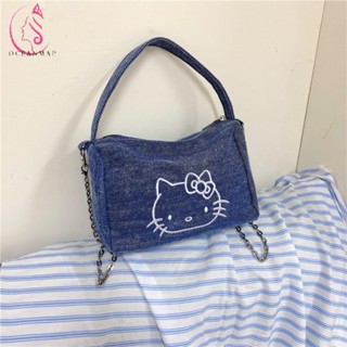 OCEANMAPKt單肩包,韓式刺繡Kitty貓咪斜揹包,斜揹包卡通片大容量牛仔布流浪包購物