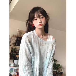 怪誕のBoutique 溫柔軟糯鏤空針織長袖T恤 薄款 夏季新款 慵懶風薄紗防曬寬鬆罩衫上衣