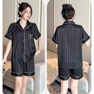 維多利亞的秘密夏季新品女士條紋冰絲薄款睡衣短袖短褲家居服套裝