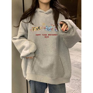【可可李】大學T灰色連帽 美式可愛復古 衛衣女款套頭上衣帽T休閒寬鬆 oversize薄款刷毛外套
