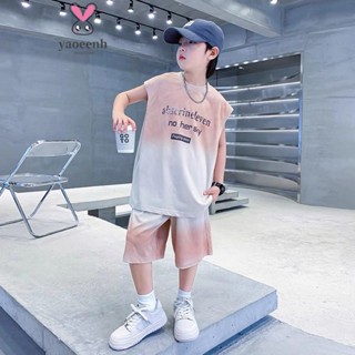 【YAOEENH】120-170CM 夏季男童漸變無袖背心套裝 中大童帥氣字母運動兩件套 現貨 快速出貨