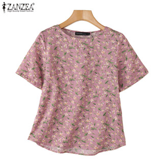 ZANZEA 女式韓版時尚日常 O 領花朵半袖休閒襯衫上衣