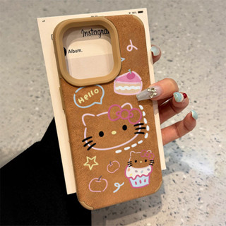 Ins 蛋糕 Hello Kitty 圖案棕色皮革圖案防摔手機殼適用於 iPhone 16 Promax 15 Prom
