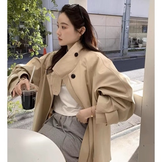 韓國chic秋季新款複古英倫風立領設計感小眾寬鬆長袖風衣外套女