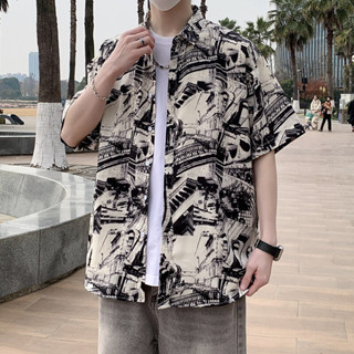 新品 男士短袖襯衫港風ins日系大尺碼印花透氣排汗夏威夷海灘襯衫現貨