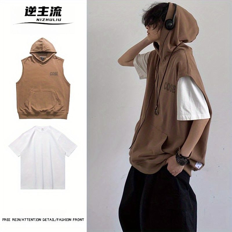 【逆主流】兩件裝/日系連帽背心 穿搭背心 坎肩馬甲 情侶套裝 cityboy 日系套裝 背心 大口袋 復古風
