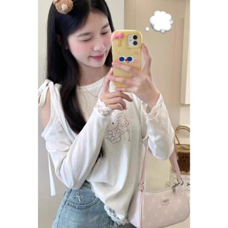 【Uni】蕾絲拼接HelloKitty露肩長袖 t恤 女防曬 罩衫 夏季ins寬鬆甜辣妹 上衣