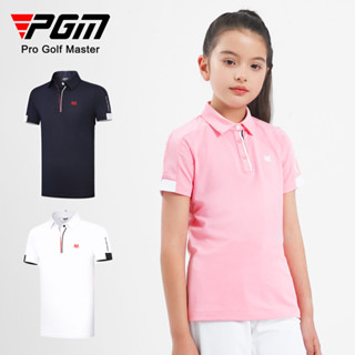 PGM兒童高爾夫服裝女童夏季運動短袖T恤 拼色設計 簡約舒適時尚百搭女童上衣polo衫YF591