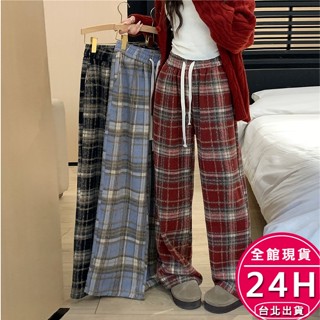 【梨卡】隔日到貨 加絨毛呢 長褲 紅色 聖誕 過年 加絨 加厚 保暖 休閒褲 秋冬格子 WT2409【現貨24H】
