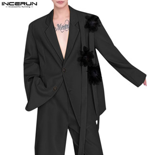 Incerun 男士韓版休閒絲帶長袖碎花寬鬆設計西裝外套
