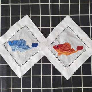 臺灣出貨🎆【2818人收藏】古風中式手工抽絲藍色鯉魚刺繡餐墊桌墊繡花小蓋佈蓋巾桌佈15釐米