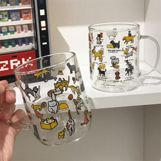 【限時特惠 關註立減】彩繪 貓咪小狗 印花玻璃杯 大容量 夏季 情侶 手柄水杯 咖啡杯 牛奶果汁杯