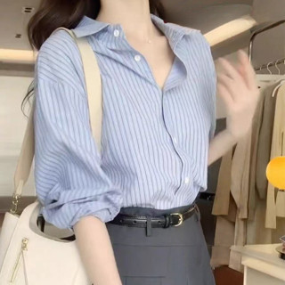 洋裝藍色防曬條紋襯衫外套氣質職業襯衣女裝法式休閒上衣