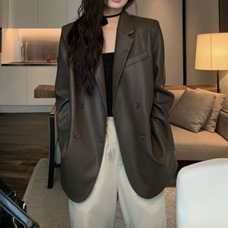 [Ginie]COD現貨 免運 AST西裝皮衣外套女設計感小眾PU皮高級感炸街寬鬆休閒黑色氣質西服潮速髮425
