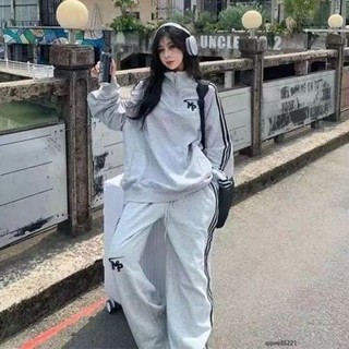 【臺灣出貨】 特大碼300斤半拉鏈衛衣運動男女套裝春秋季休閒寬鬆闊腿褲跑步服