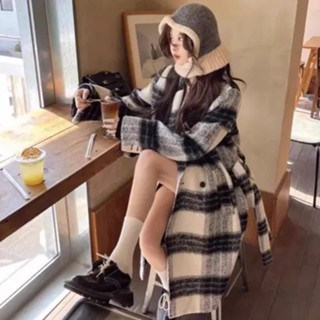 【HOT 本舖】 潮格子毛呢外套女裝中長款2024秋冬赫本風寬鬆高級設計感格紋大衣