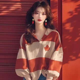 紅色楓葉印花長袖寬鬆連帽大學T2024早秋季新款女裝韓系氛圍感上衣