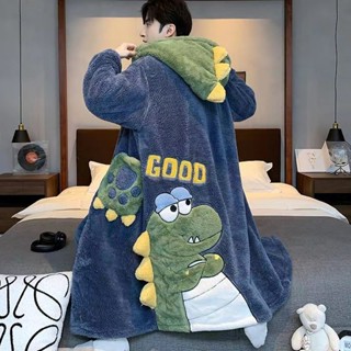 浴袍睡衣珊瑚絨浴袍保暖秋冬睡袍大尺碼男睡衣[D1117]恐龍珊瑚絨睡衣男女衕款秋冬季加厚保套裝連帽中長款浴袍可外穿