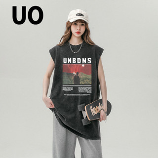 Chic☀UO黑色純棉印花無袖背心女生2023夏季水洗做舊街頭夏季ins風上衣 女生背心 小可愛上衣 女裝無袖衫 短袖背