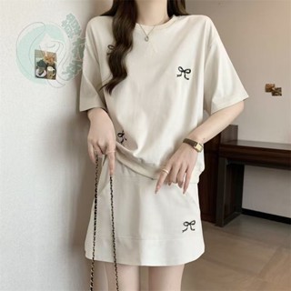 刺繡休閒蝴蝶結T恤寬鬆上衣短袖套裝半身裙短裙兩件套臺妹套裝 休閒裙套裝 時尚套裝休閒套裝裙半身裙套裝夏季裙套裝【韓衣秀】