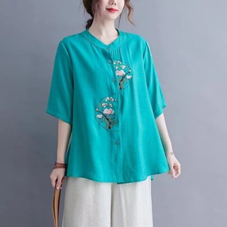 高檔棉麻襯衫|文藝復古上衣女|亞麻刺繡襯衫|民族風服飾|夏季新款上衣女短袖民族風寬鬆大碼唐裝|休閒女裝|大碼女裝