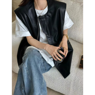 [現貨特惠]馬甲女 皮衣背心 高階感洋氣黑色PU皮馬甲女2025春季新款韓版寬鬆休閒馬夾背心外套