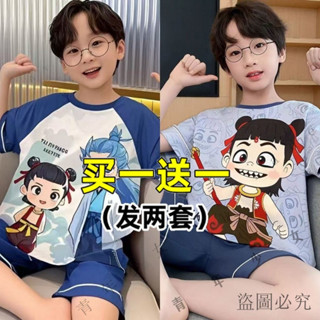 哪吒🎉【店鋪熱銷】2025新款兒童睡衣男童夏季短袖短袖傢居服薄款中大童男孩哪吒套裝