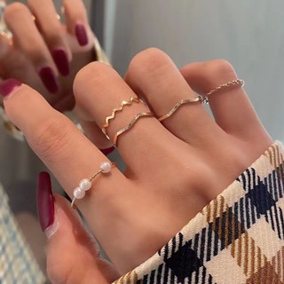 5 件/套韓國女士鈦戒指 1 套韓式幾何珍珠戒指時尚戒指