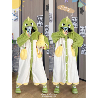 臺灣發貨--珊瑚絨家居服恐龍睡衣女加厚卡通可愛情侶睡袍冬毛絨睡裙動物連體