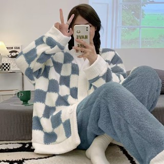 刷毛寬鬆珊瑚絨睡衣加厚保暖[D1123]日係ins珊瑚絨睡衣女秋冬季長袖加絨加厚保暖法蘭絨秋冬款家居服