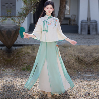 【桃喜Rich現貨】新中式女裝 氣質漢服 重工提花刺繡盤扣斜襟上衣 搭配改良半身裙套裝 國風綠色漢服 漢元素