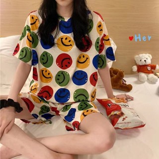 24hr出貨-笑臉現貨 款熱賣夏季薄款短袖睡衣女大尺碼家居服可愛日系卡通熊貓短褲 條紋甜美薄款女士睡衣兩件套裝家居服笑臉