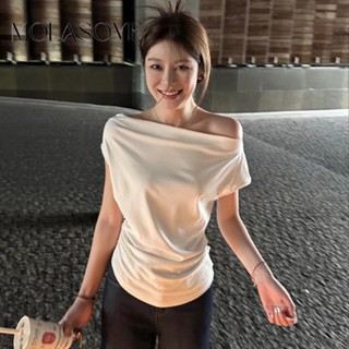 Molasome 女士 T 恤 2025 時尚純色不對稱露肩修身休閒上衣