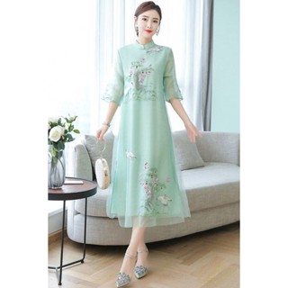 改良旗袍洋裝夏季胖妹妹刺繡長裙中國民族風大尺碼女裝20250410