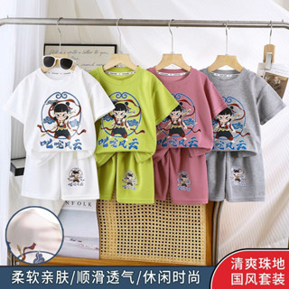 WWS[現貨+熱賣款]新款寶寶卡通哪吒圖案衣服男大童兩件套哪吒T恤兒童短袖套裝2025男童夏季女童