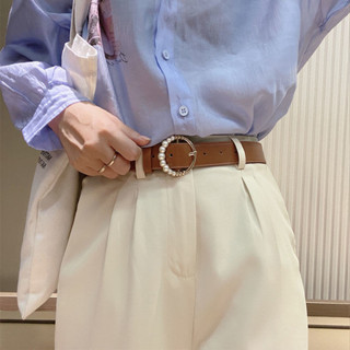 ♡女士腰帶♡現貨 韓國複古珍珠小眾皮帶 女潮流時尚個性腰帶百搭學生配牛仔褲ins風