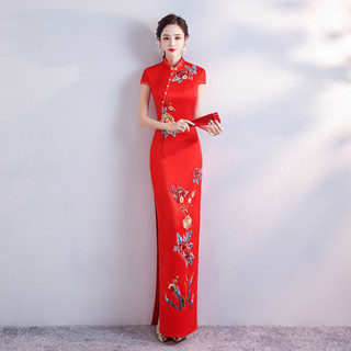 【櫻花谷】復古刺繡花開叉長裙走秀表演旗袍主持人宴會禮服緊身顯瘦洋裝女