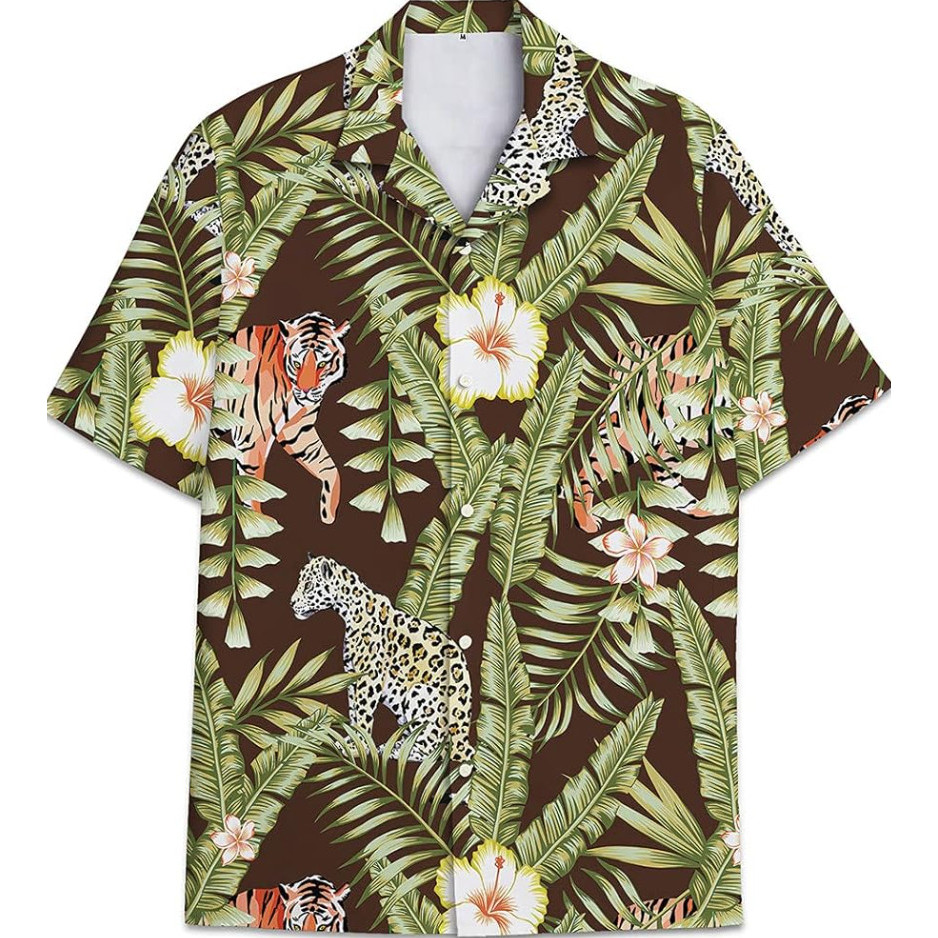 Tiger Unisex, Jaguar 鈕扣廉價花卉短袖夏威夷襯衫