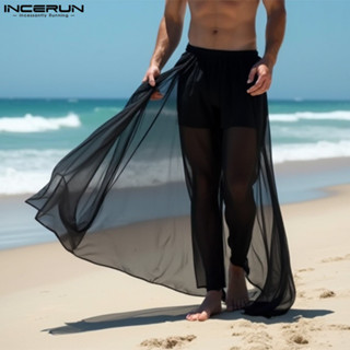 Incerun 男士復古時尚透明網眼拼布假兩件式長褲