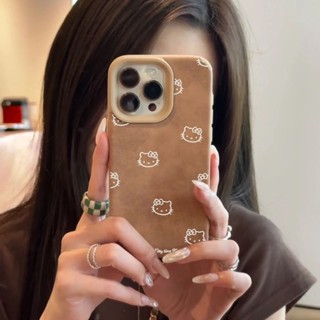 Ins 白色 Hello Kitty 圖案棕色皮革圖案防摔手機殼適用於 iPhone 16 Promax 15 Prom