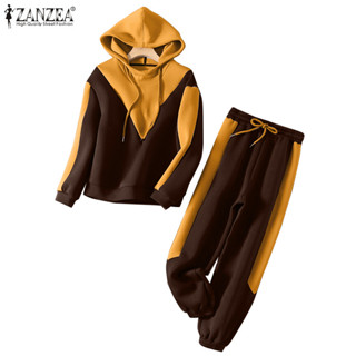 Zanzea 女士復古休閒連帽領長袖寬鬆上衣和褲子