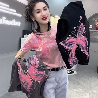 【HOSS】蝴蝶印花短袖T恤女 純棉上衣 韓國女裝 潮流修身顯瘦流行百搭 夏季上衣 圓領t恤 短袖上衣 韓版上衣 衣服